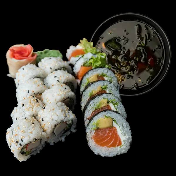 Lunch: Miso + futomaki łosoś & California z paluszkiem krabowym