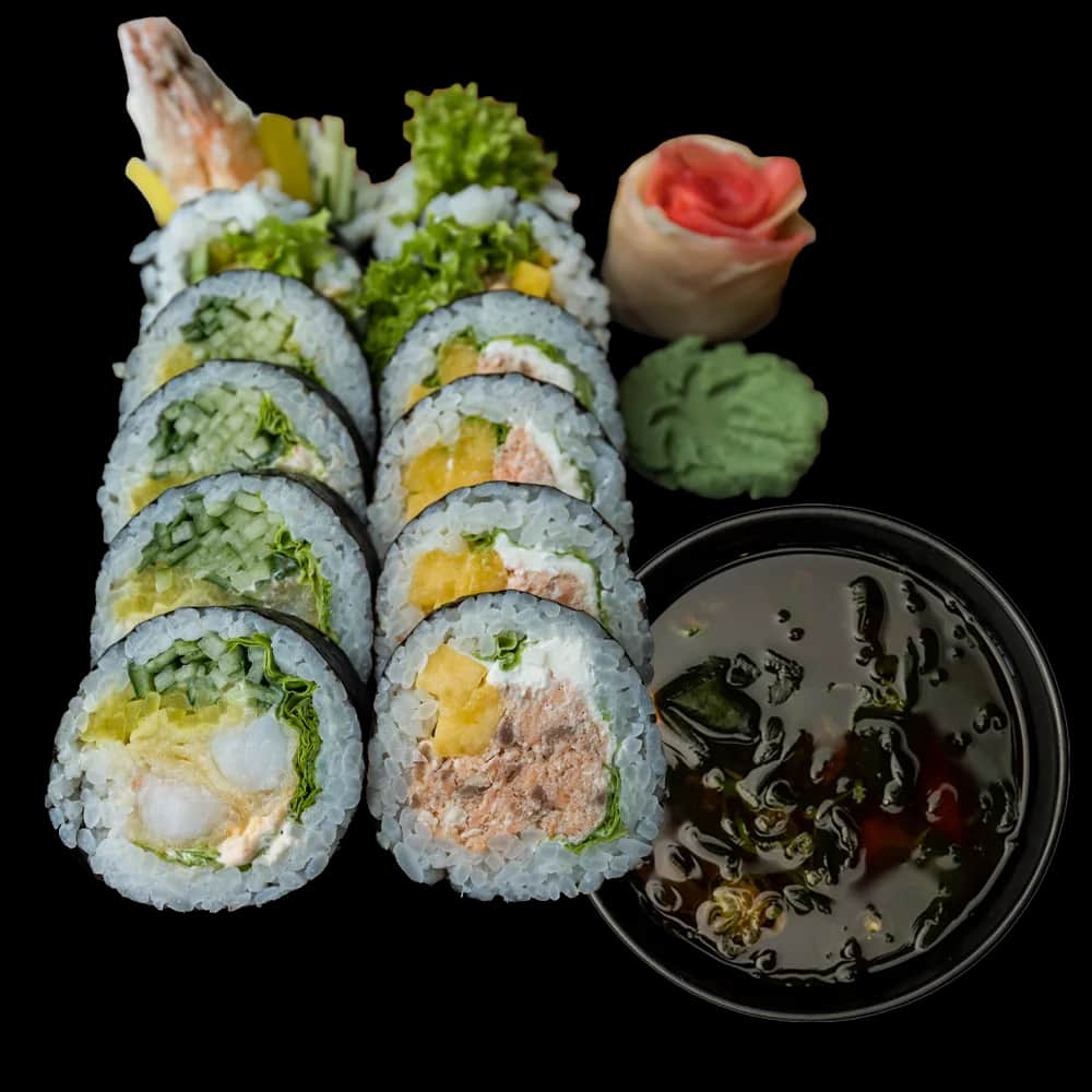 Lunch: Miso + futomaki pieczony łosoś & krewetka tempura