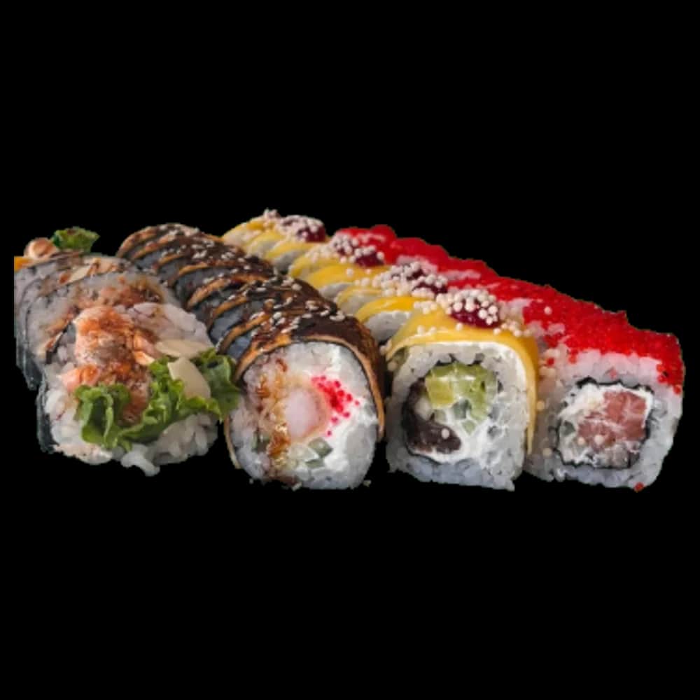 Zestaw Wrześniowy: rzędy rolek z tobiko, mango i sosem teriyaki