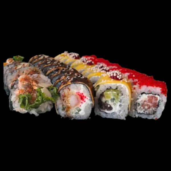 Zestaw Wrześniowy: rzędy rolek z tobiko, mango i sosem teriyaki