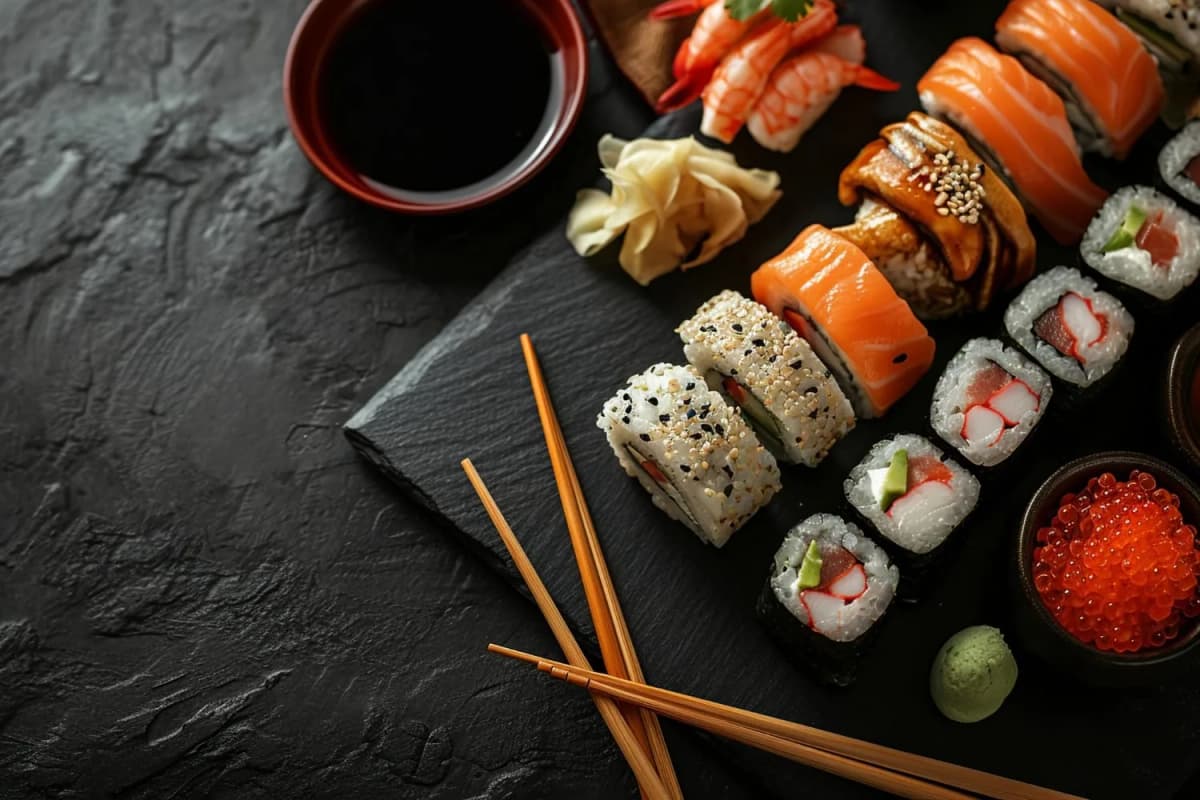 Zestaw sushi na czarnym łupku z sosem sojowym, imbirem i ikrą