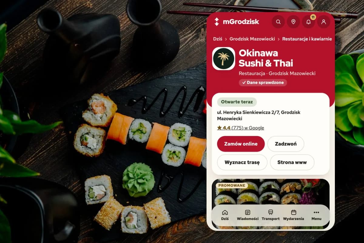 Zestaw sushi na ciemnej desce i wizytówka Okinawa Sushi & Thai w serwisie mGrodzisk na telefonie