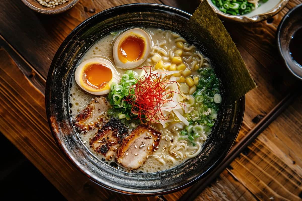 Miska ramenu tonkotsu z chashu, jajkiem marynowanym, kukurydzą i nori