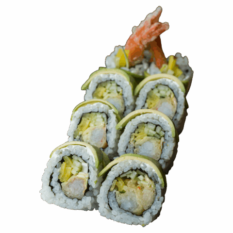 California Maki Gold – Krewetka w tempurze, spicy mayo, por, ogórek w środku; na zewnątrz awokado i sezam (8 szt.)