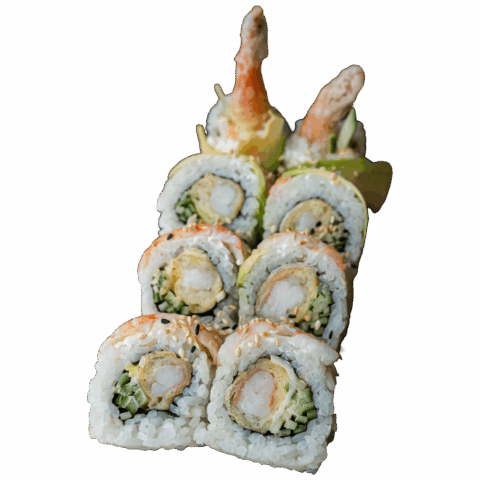California Maki Gold – Krewetka w tempurze, spicy mayo, por, ogórek w środku; na zewnątrz awokado, krewetka gotowana i sezam (8 szt.)