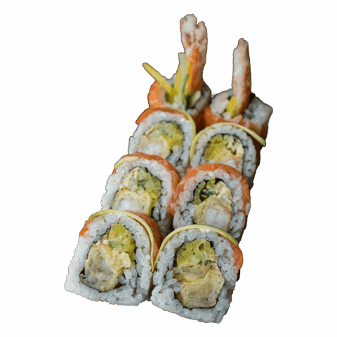 California Maki Gold – Krewetka w tempurze, spicy mayo, por, ogórek w środku; na zewnątrz łosoś, awokado i sezam (8 szt.)
