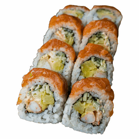 California Maki Gold – Krewetka w tempurze, spicy mayo, por, ogórek w środku; tatar z łososia na zewnątrz (8 szt.)