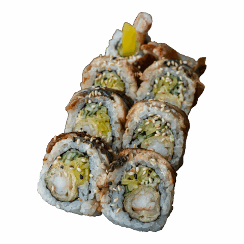 California Maki Gold – Krewetka w tempurze, spicy mayo, por, ogórek w środku; na zewnątrz węgorz, sezam i sos teriyaki (8 szt.)