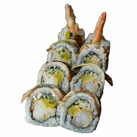 California Maki Gold – Krewetka w tempurze, spicy mayo, por, ogórek w środku; na zewnątrz węgorz, awokado i sezam (8 szt.)