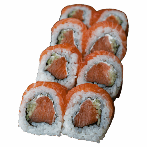 California Maki Gold – Łosoś surowy, serek, ogórek w środku; łosoś surowy na zewnątrz (8 szt.)