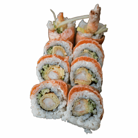 California Maki Gold – Krewetka w tempurze, spicy mayo, por, ogórek w środku; opiekany łosoś na zewnątrz (8 szt.)
