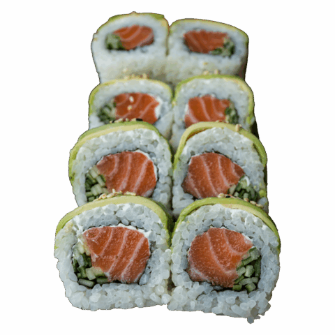 California Maki Gold – Łosoś surowy, serek, ogórek w środku; na zewnątrz awokado i sezam (8 szt.)