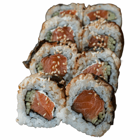 California Maki Gold – Łosoś surowy, serek, ogórek w środku; na zewnątrz węgorz, sezam i sos teriyaki (8 szt.)