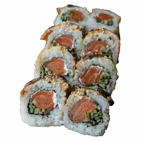 California Maki Gold – Łosoś surowy, serek, ogórek w środku; na zewnątrz węgorz, awokado, sezam i sos teriyaki (8 szt.)
