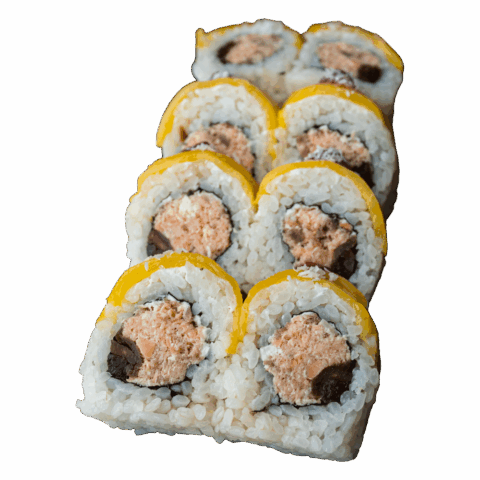 California Maki Gold – Łosoś pieczony, serek, kanpyo w środku; na zewnątrz mango, sos malinowy i wiórki kokosa (8 szt.)