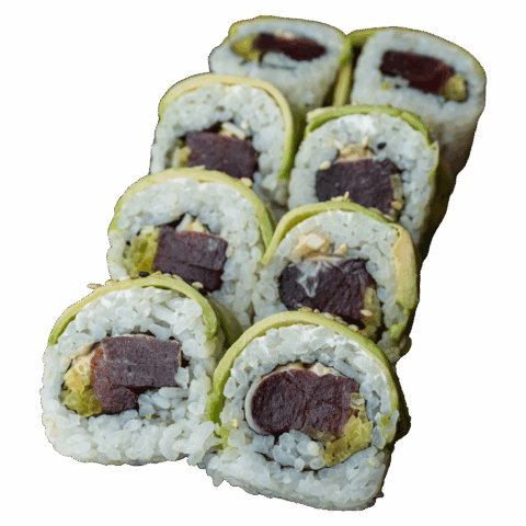 California Maki Gold – Tuńczyk surowy, spicy mayo, por, oshinko w środku; awokado na zewnątrz (8 szt.)