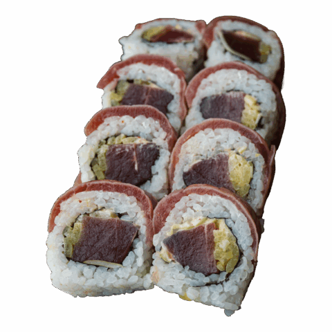 California Maki Gold – Tuńczyk surowy, spicy mayo, por, oshinko w środku; opiekany tuńczyk na zewnątrz (8 szt.)