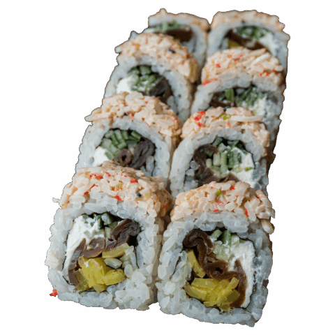 California Maki Gold – Warzywa w środku (ogórek, oshinko, kanpyo), serek; sałatka surimi na zewnątrz (8 szt.)