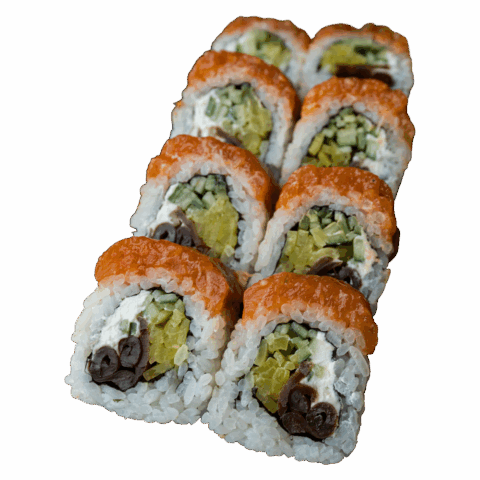 California Maki Gold – Warzywa w środku (ogórek, oshinko, kanpyo), serek; tatar z łososia na zewnątrz (8 szt.)