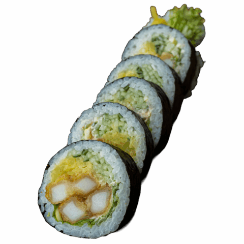 Futomaki – Kalmary w tempurze, spicy mayo, por, ogórek, oshinko (6 szt.)