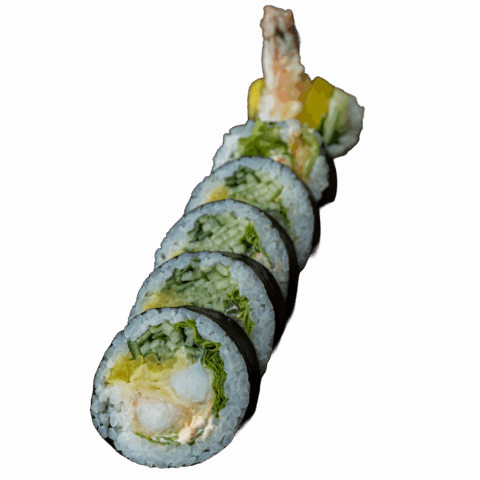 Futomaki – Krewetka w tempurze, spicy mayo, por, ogórek, oshinko (6 szt.)