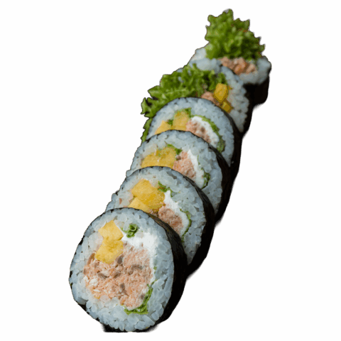 Futomaki – Łosoś pieczony, serek, mango, sos teriyaki, migdały (6 szt.)