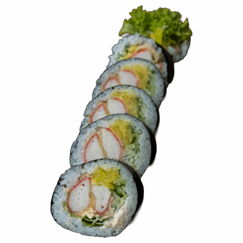 Futomaki – Paluszek krabowy w tempurze, spicy mayo, por, ogórek, oshinko (6 szt.)