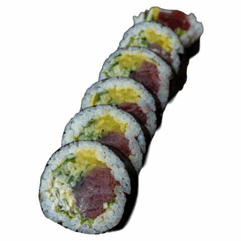 Futomaki – Tuńczyk surowy, spicy mayo, por, ogórek, oshinko (6 szt.)