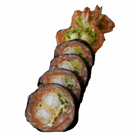 Sashimi Maki – Łosoś, krewetka w tempurze, spicy mayo, por, ogórek, oshinko (6 szt.)