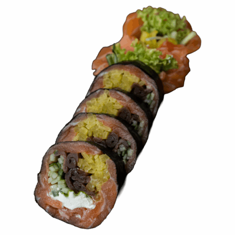 Sashimi Maki – Łosoś, serek, ogórek, oshinko, kanpyo (6 szt.)
