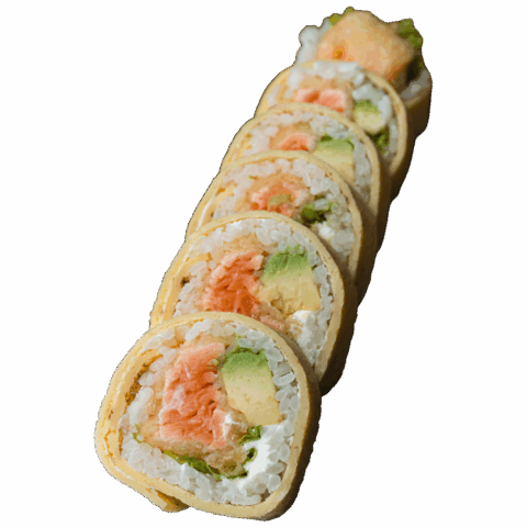 Tamago Maki – Łosoś w tempurze, serek, awokado, sos teriyaki, sezam (6 szt.)